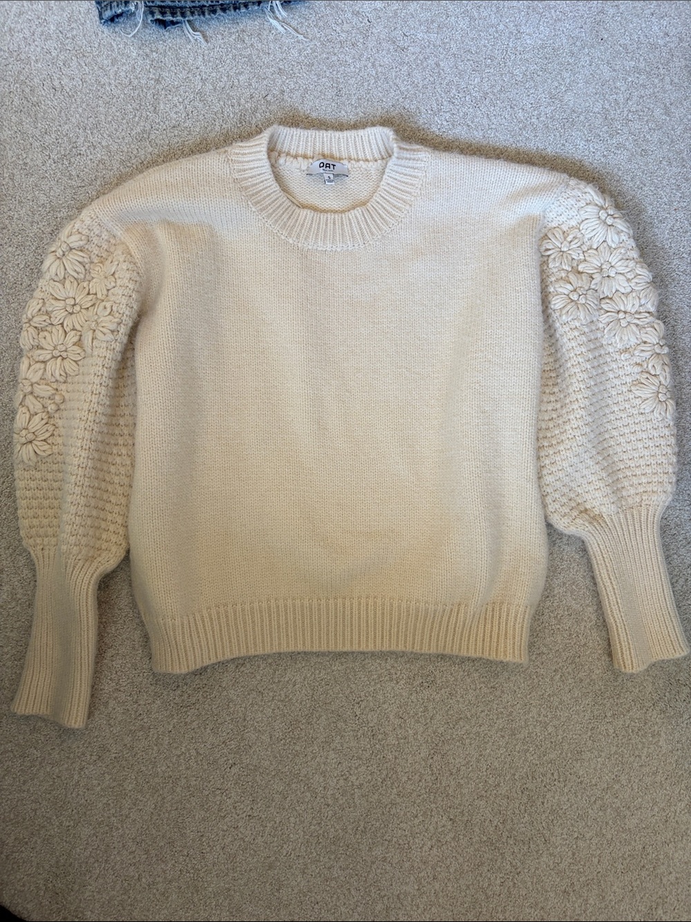 Oat New York Cream Crewneck Sweater with Floral Sleeve Appliqués
